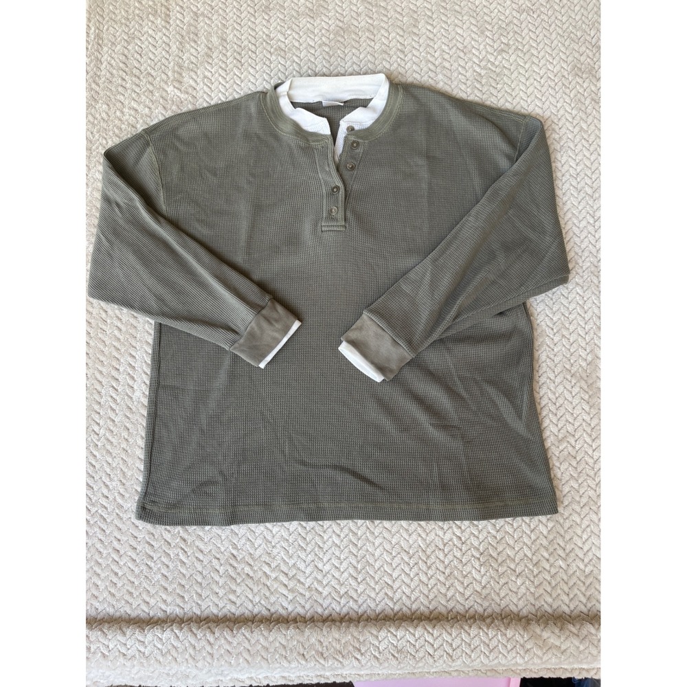 Cherokee Mens XL Olive Green Waffle Knit Henley Long Sleeve Thermal Shirt